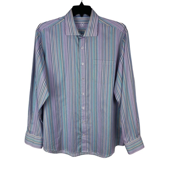 Men’s Bugatchi Uomo Flip Cuff Classic Fit Button Shirt Long Sleeves Striped Blue - Picture 12 of 12